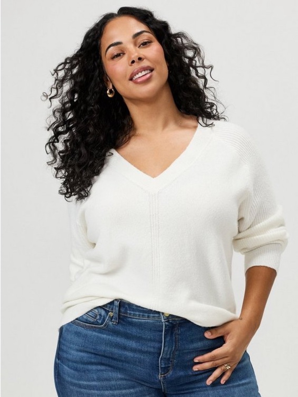 torrid Cream V-Neck Ribbed Sweater